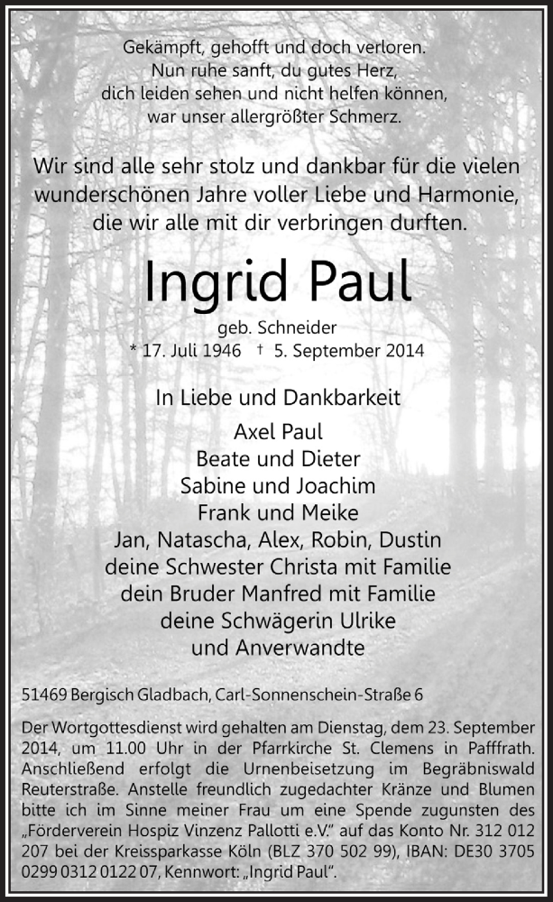  Traueranzeige für Ingrid Paul vom 17.09.2014 aus  Bergisches Handelsblatt 