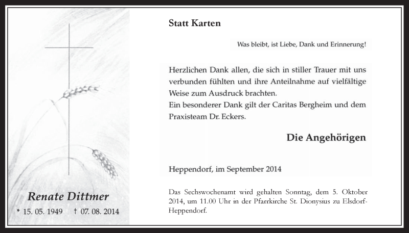  Traueranzeige für Renate Dittmer vom 24.09.2014 aus  Werbepost 