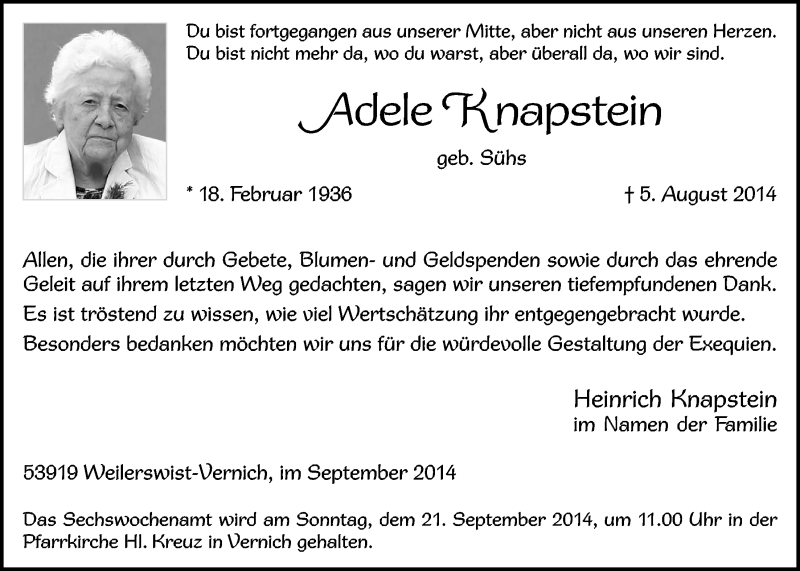  Traueranzeige für Adele Knapstein vom 14.09.2014 aus  Blickpunkt Euskirchen 