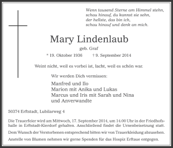 Anzeige von Mary Lindenlaub von  Sonntags-Post 