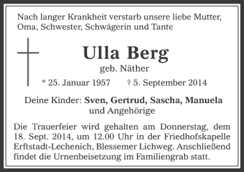 Anzeige von Ulla Berg von  Sonntags-Post 