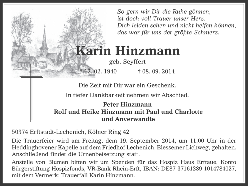  Traueranzeige für Peter Hinzmann vom 17.09.2014 aus  Werbepost 