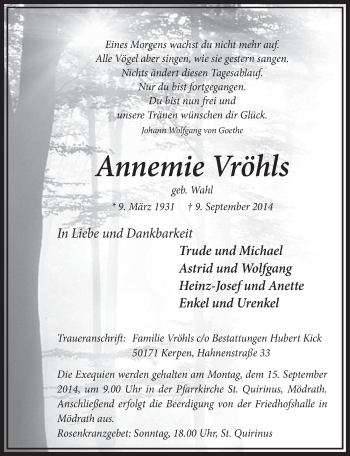 Anzeige von Annemie Vröhls von  Sonntags-Post 