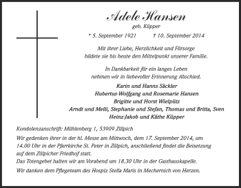 Anzeige von Adele Hansen von  Blickpunkt Euskirchen 