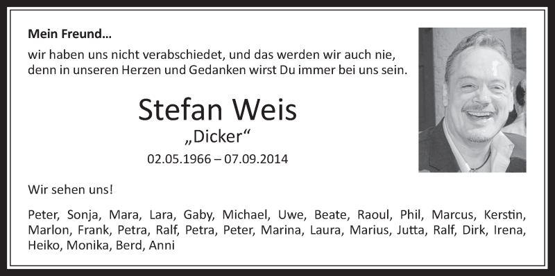  Traueranzeige für Stefan Weis vom 17.09.2014 aus  Wochenende 