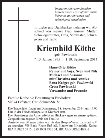 Anzeige von Kreimhild Köthe von  Sonntags-Post 