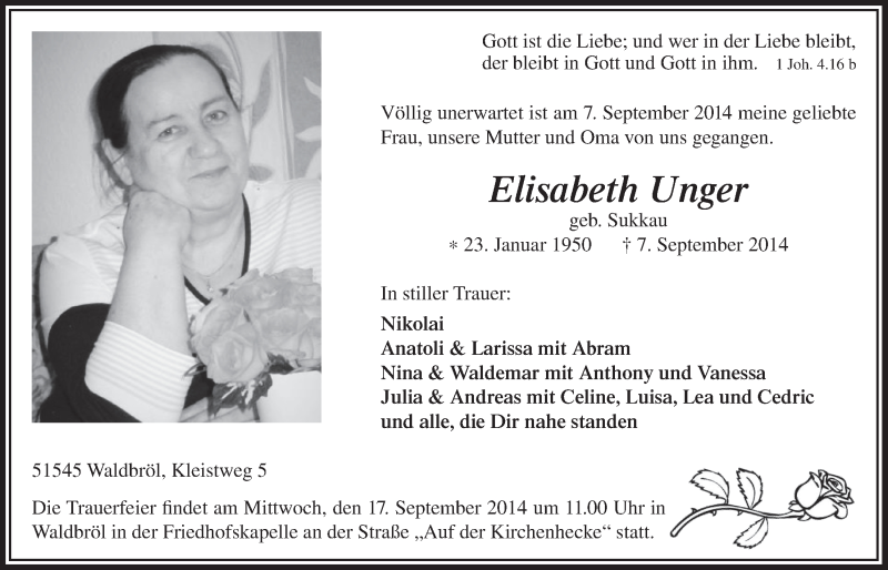  Traueranzeige für Elisabeth Unger vom 17.09.2014 aus  Lokalanzeiger 