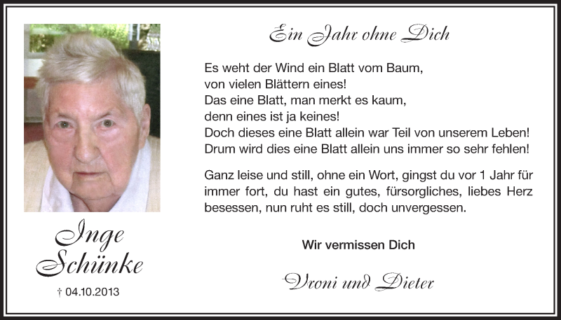  Traueranzeige für Inge Schünke vom 01.10.2014 aus  Bergisches Handelsblatt 