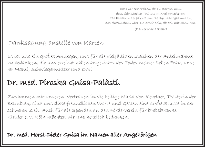  Traueranzeige für Piroska Gnisa-Palàsti vom 13.09.2014 aus  Sonntags-Post 