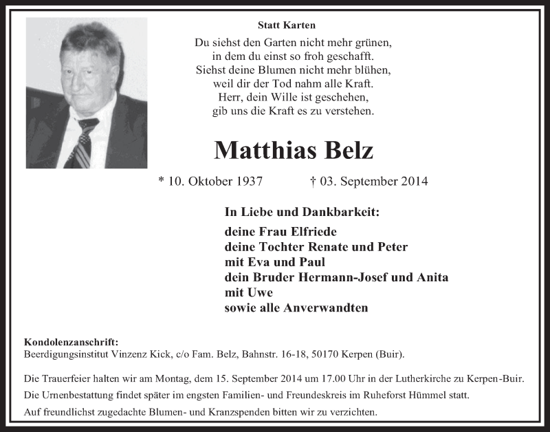  Traueranzeige für Matthias Belz vom 13.09.2014 aus  Sonntags-Post 