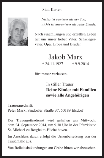Anzeige von Jakob Marx von  Werbepost 