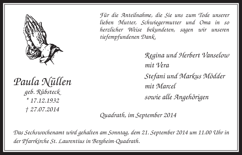  Traueranzeige für Paula Nüllen vom 17.09.2014 aus  Werbepost 