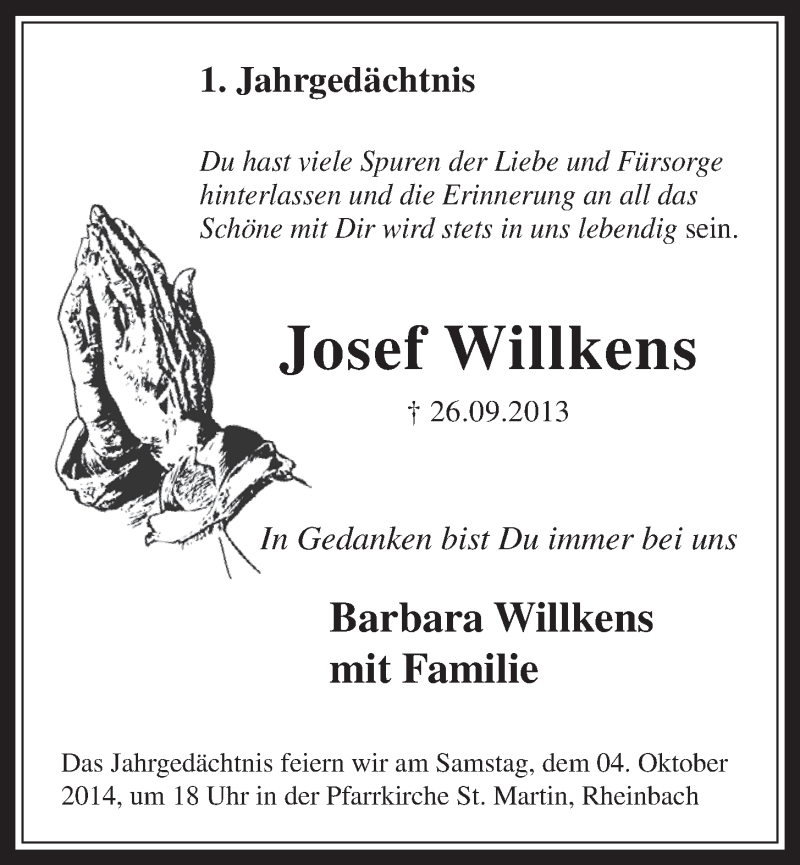  Traueranzeige für Josef Willkens vom 17.09.2014 aus  Schaufenster/Blickpunkt 