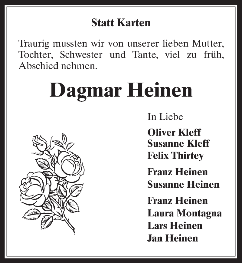  Traueranzeige für Dagmar Heinen vom 17.09.2014 aus  Werbepost 