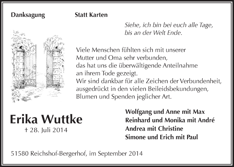  Traueranzeige für Erika Wuttke vom 17.09.2014 aus  Anzeigen Echo  Lokalanzeiger 