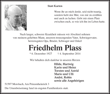 Anzeige von Friedhelm Plass von  Lokalanzeiger 