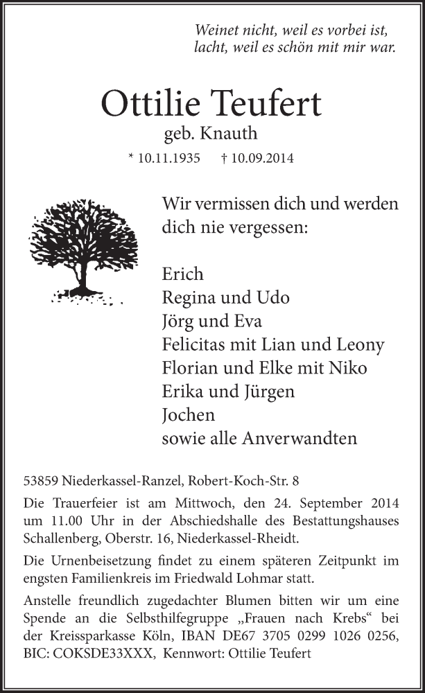  Traueranzeige für Ottilie Teufert vom 17.09.2014 aus  Extra Blatt 