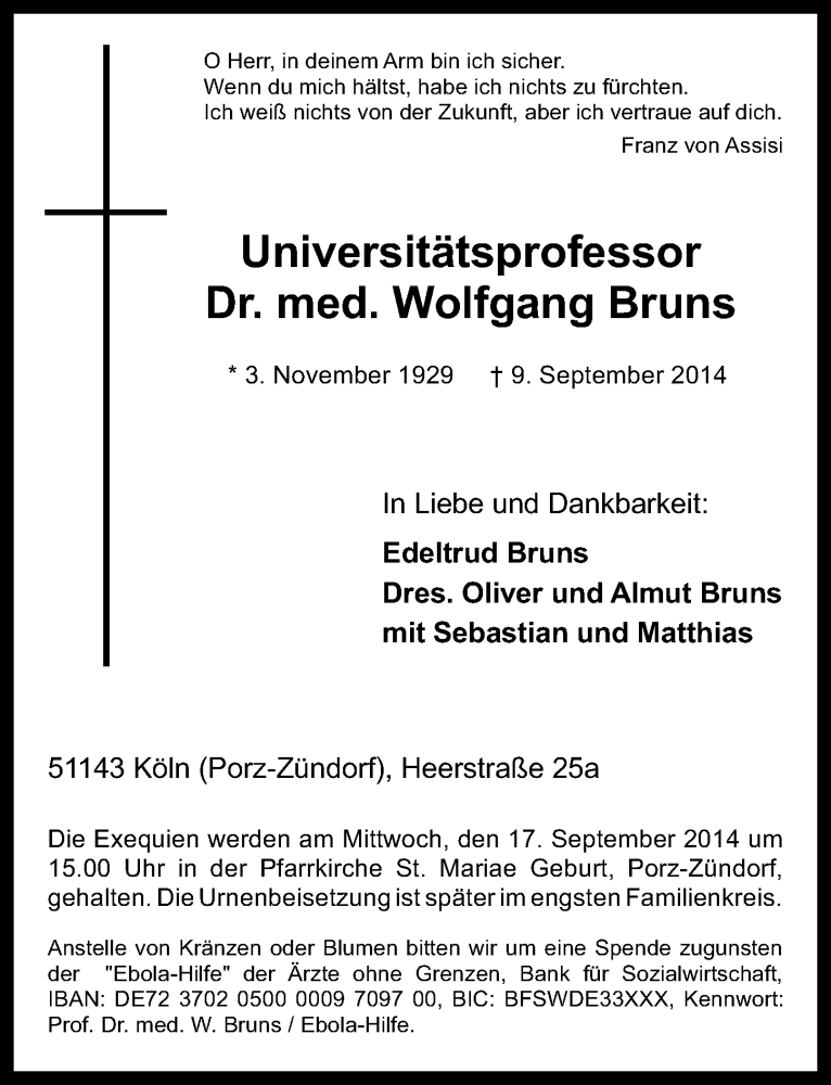  Traueranzeige für Wolfgang Bruns vom 17.09.2014 aus  Kölner Wochenspiegel 