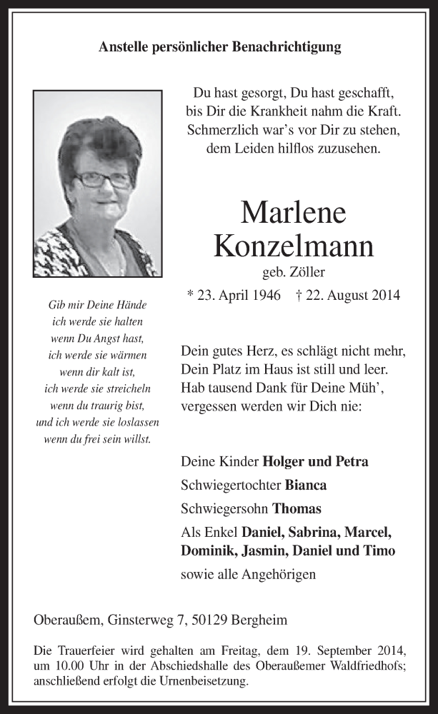  Traueranzeige für Marlene Konzelmann vom 17.09.2014 aus  Werbepost 