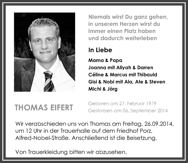  Traueranzeige für Thomas Eifert vom 17.09.2014 aus  Kölner Wochenspiegel 
