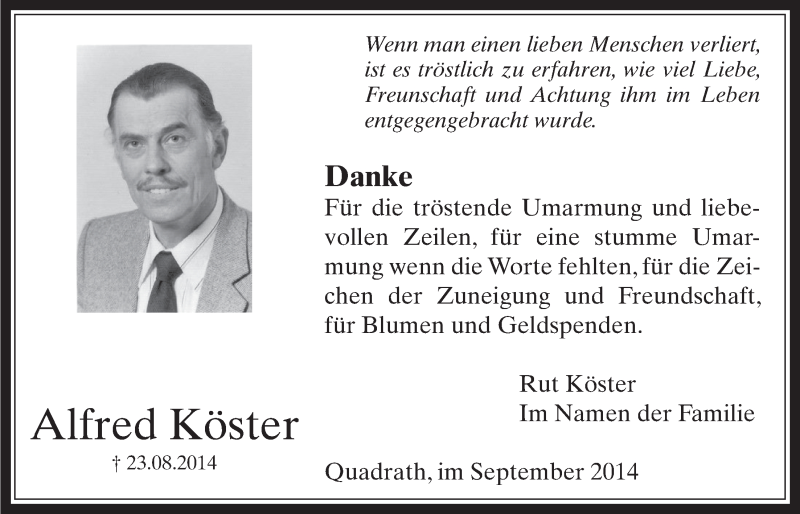  Traueranzeige für Alfred Köster vom 17.09.2014 aus  Werbepost 