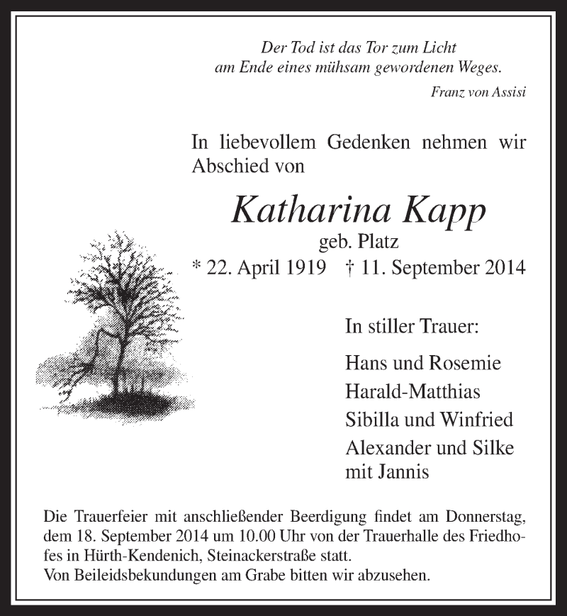  Traueranzeige für Katharina Kapp vom 17.09.2014 aus  Wochenende 