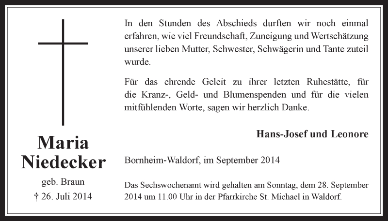  Traueranzeige für Maria Niedecker vom 17.09.2014 aus  Schaufenster/Blickpunkt  Schlossbote/Werbekurier 