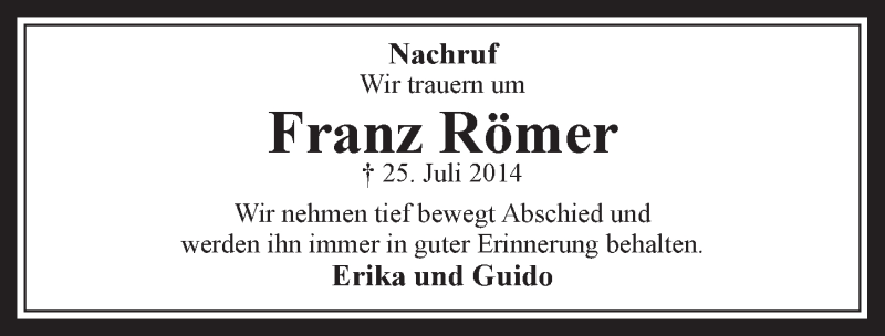  Traueranzeige für Franz Römer vom 17.09.2014 aus  Werbepost 