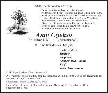 Anzeige von Anni Cziehso von  Anzeigen Echo 