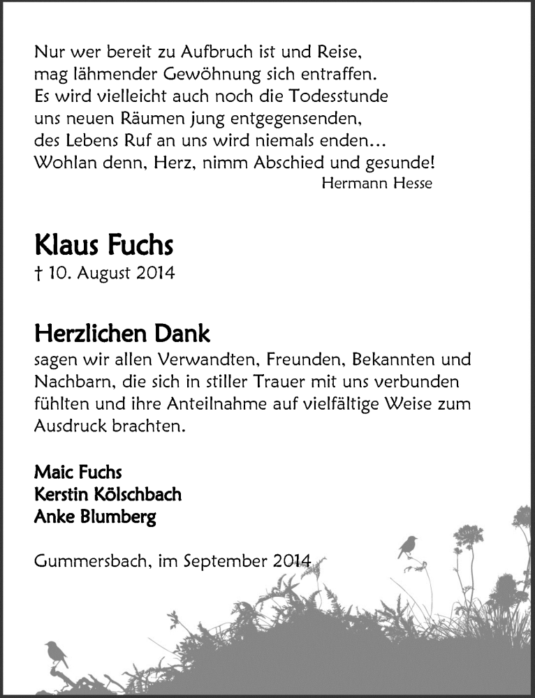  Traueranzeige für Klaus Fuchs vom 17.09.2014 aus  Anzeigen Echo 