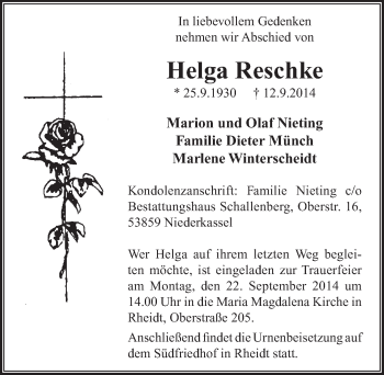 Anzeige von Helga Reschke von  Extra Blatt 