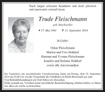 Anzeige von Trude Fleischmann von  Wochenende 