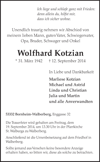 Anzeige von Wolfhard Kotzian von  Schlossbote/Werbekurier 