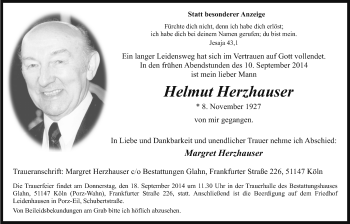 Anzeige von Helmut Herzhauser von  Kölner Wochenspiegel 