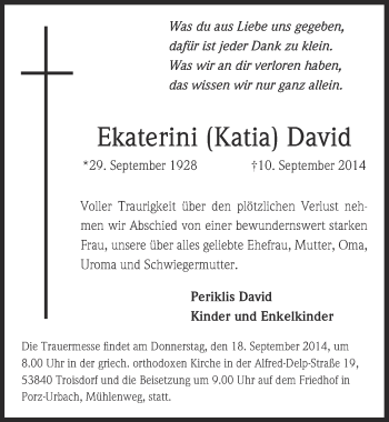 Anzeige von Ekaterini David von  Kölner Wochenspiegel 