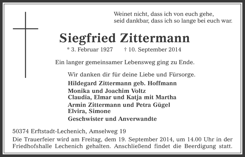  Traueranzeige für Siegfried Zittermann vom 17.09.2014 aus  Werbepost 