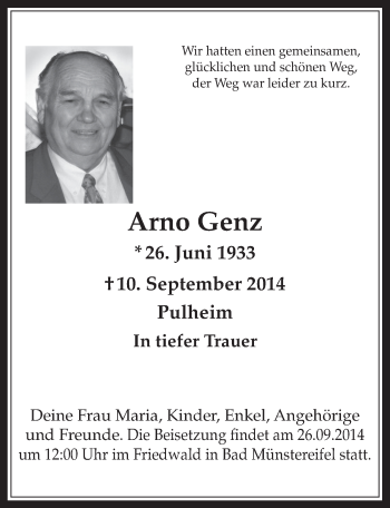 Anzeige von Arno Genz von  Wochenende 