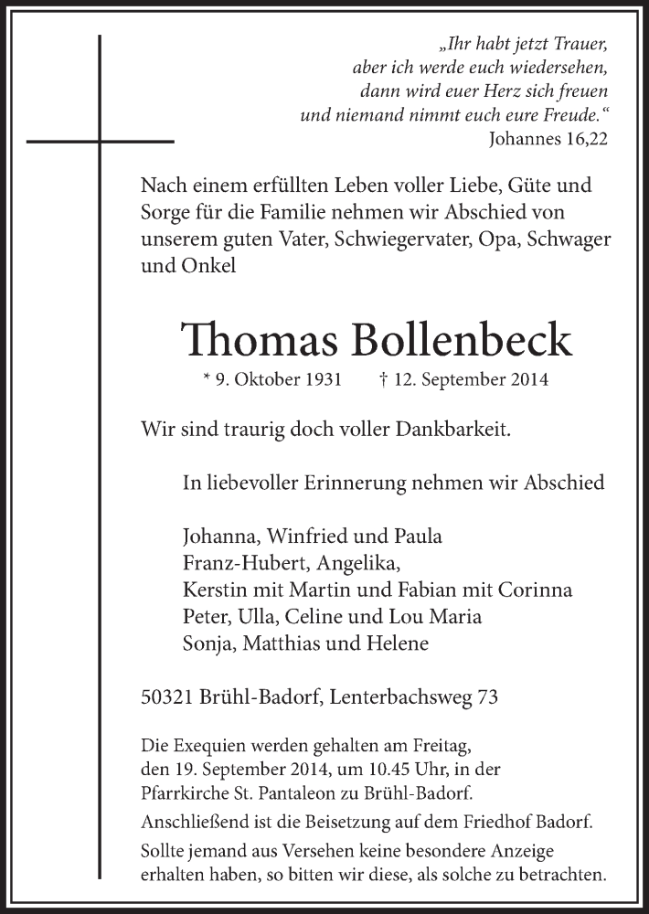  Traueranzeige für Thomas Bollenbeck vom 17.09.2014 aus  Schlossbote/Werbekurier 