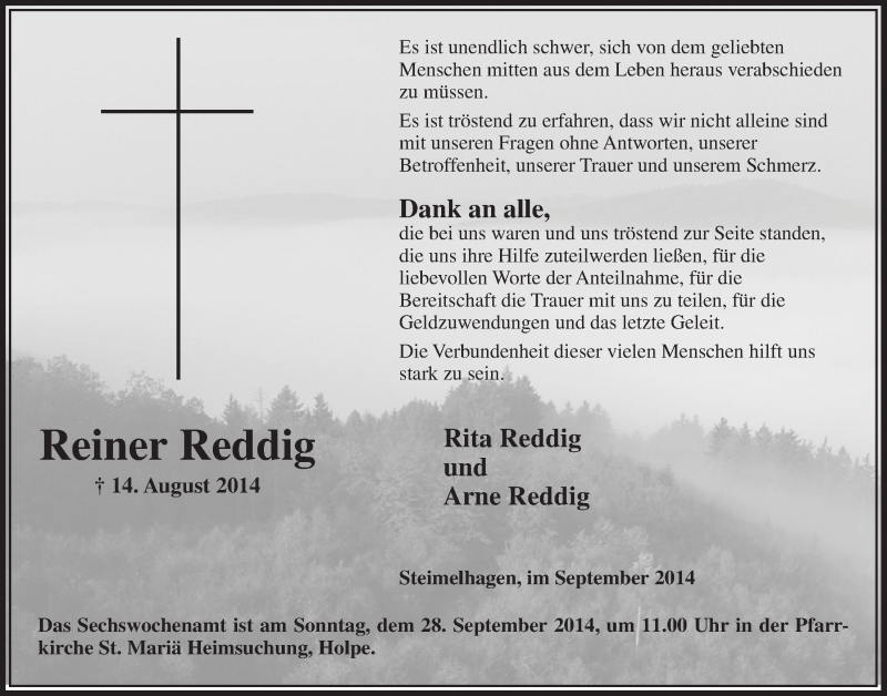  Traueranzeige für Reiner Reddig vom 24.09.2014 aus  Lokalanzeiger 