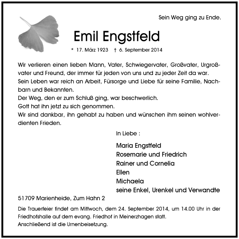  Traueranzeige für Emil Engstfeld vom 17.09.2014 aus  Anzeigen Echo 