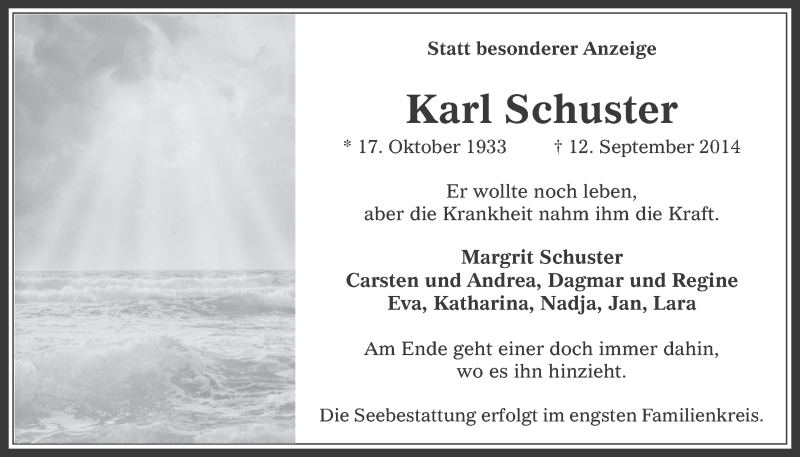  Traueranzeige für Karl Schuster vom 17.09.2014 aus  Werbepost 