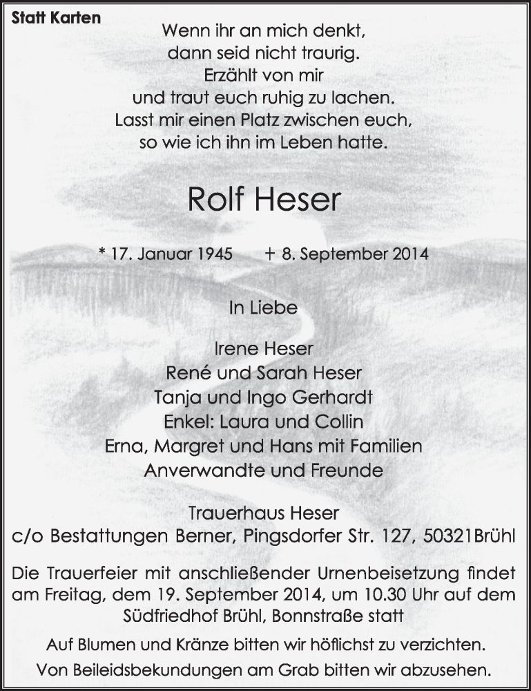  Traueranzeige für Rolf Heser vom 17.09.2014 aus  Schlossbote/Werbekurier 