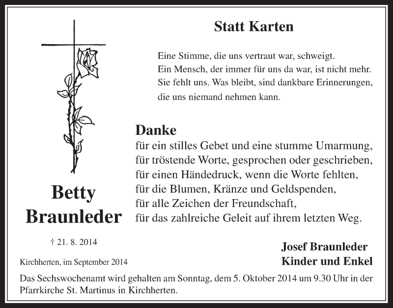  Traueranzeige für Betty Braunleder vom 24.09.2014 aus  Werbepost 