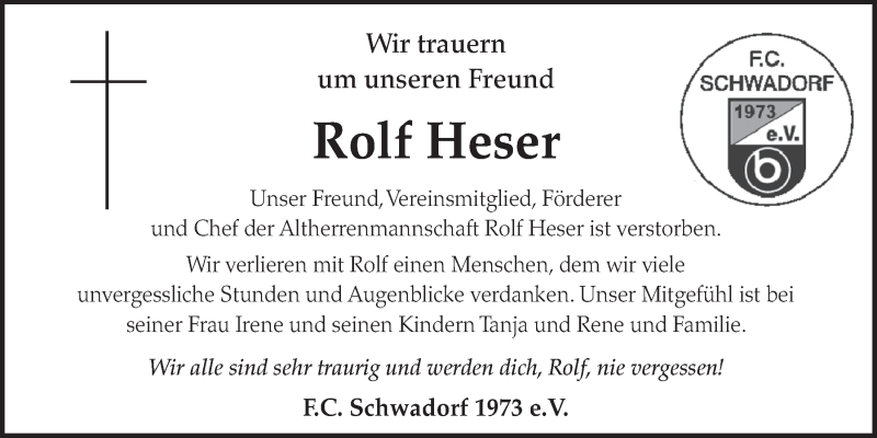  Traueranzeige für Rolf Heser vom 17.09.2014 aus  Schlossbote/Werbekurier 