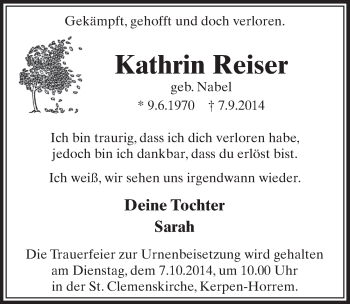 Anzeige von Kathrin Reiser von  Sonntags-Post 