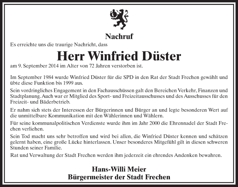  Traueranzeige für Winfried Düster vom 20.09.2014 aus  Sonntags-Post 