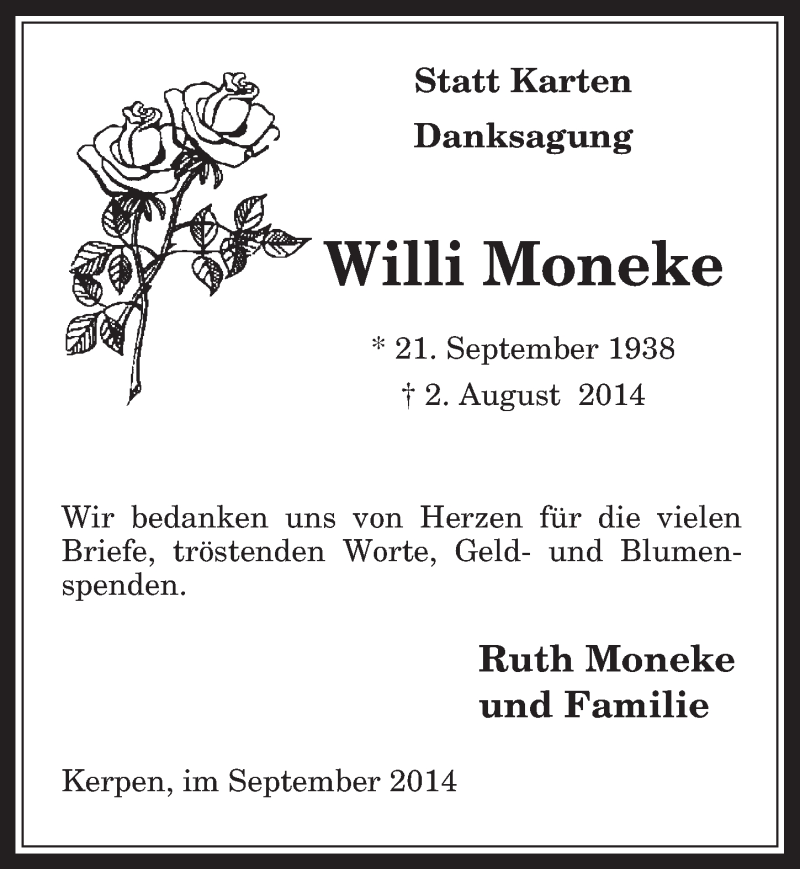  Traueranzeige für Willi Moneke vom 24.09.2014 aus  Werbepost 