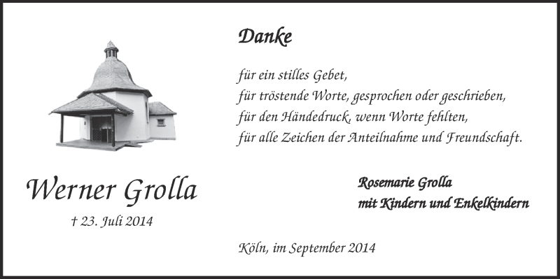  Traueranzeige für Werner Grolla vom 24.09.2014 aus  Kölner Wochenspiegel 