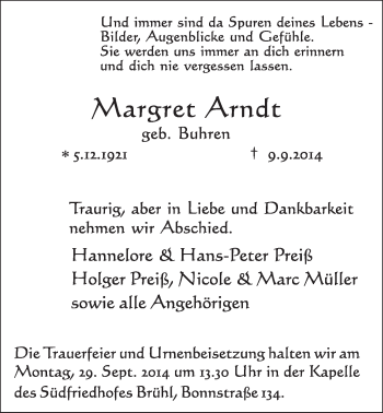 Anzeige von Margret Arndt von  Schlossbote/Werbekurier 