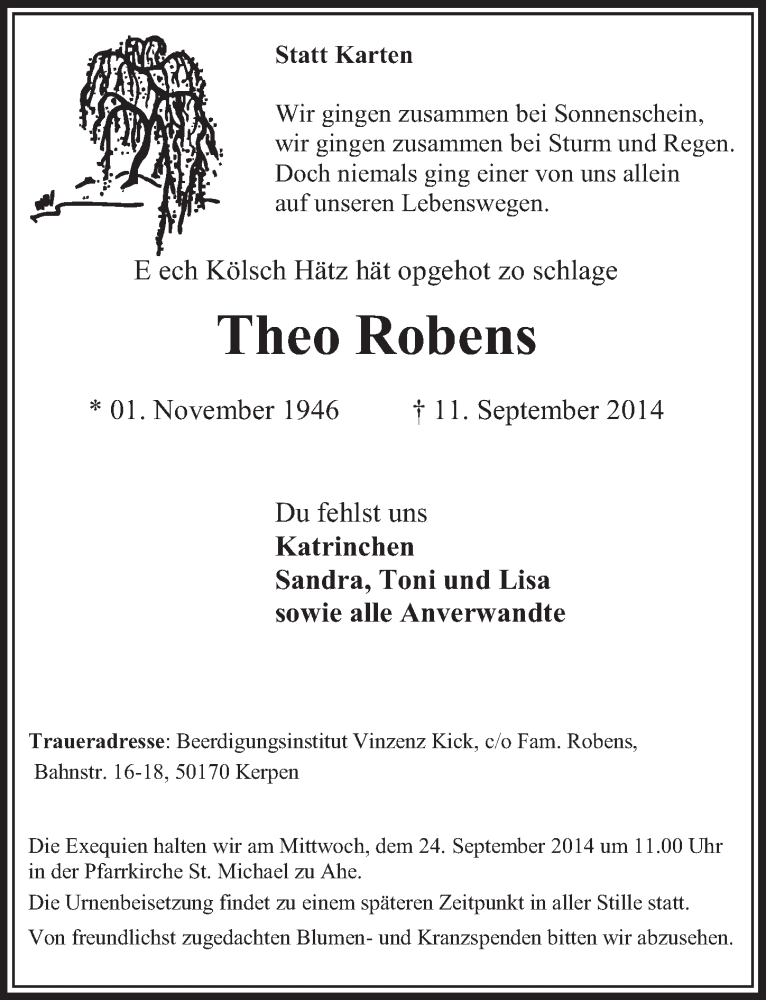 Traueranzeige für Theo Robens vom 20.09.2014 aus  Sonntags-Post 